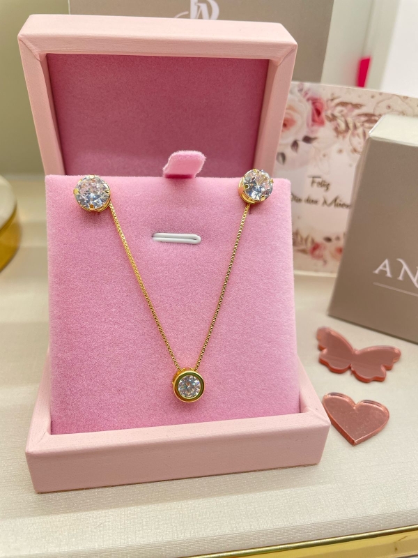 Conjunto de brinco e colar ponto de luz zirconia cristal banho em ouro 18k
