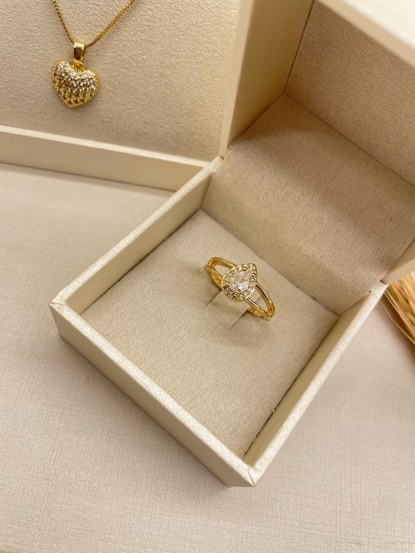 Anel dourado gota de zirconia cristal banho em ouro 18k