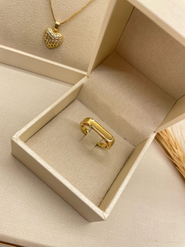 Anel dourado quadrado liso dourado banho em ouro 18k
