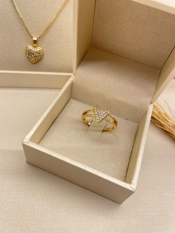 Anel dourado coração com zirconia cristal banho em ouro 18k