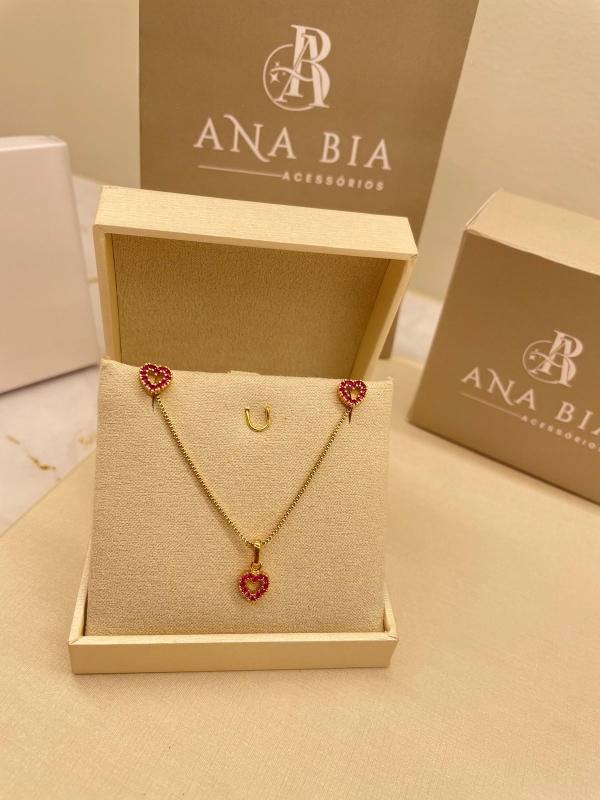 Conjunto Infantil Coração com Zircônias Rosa Banho Em Ouro 18K