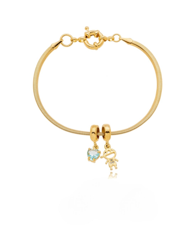 Pulseira Pandora Pingente Menino + Pingente coração azul Banho Em Ouro 18K