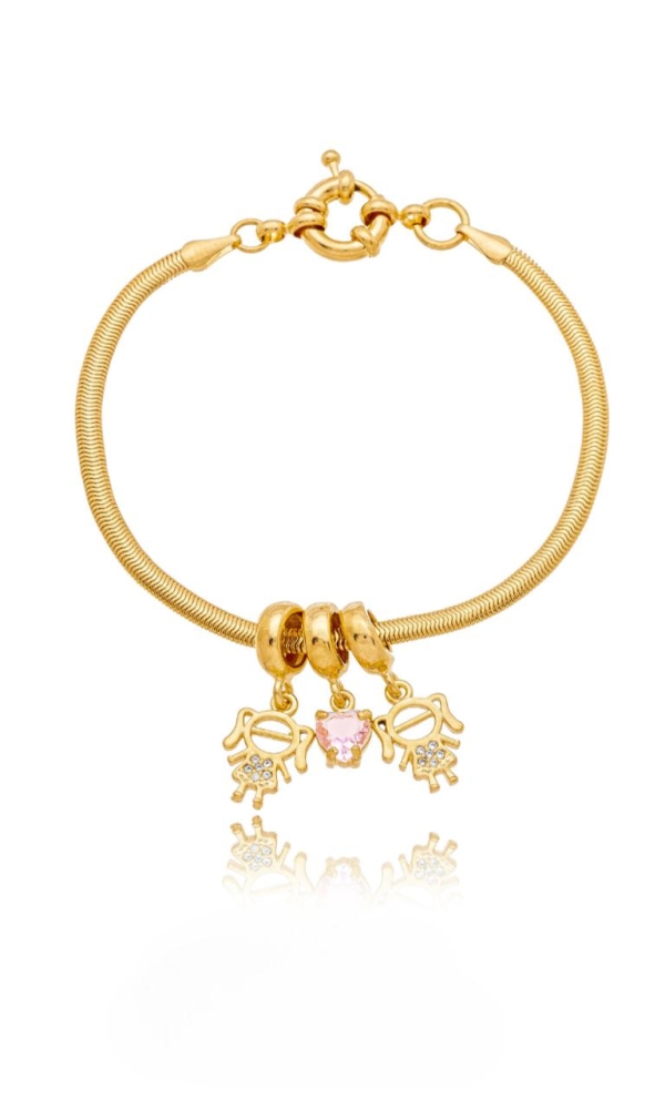 Pulseira Pandora Dourada com 3 Pingentes Banho Em Ouro 18K