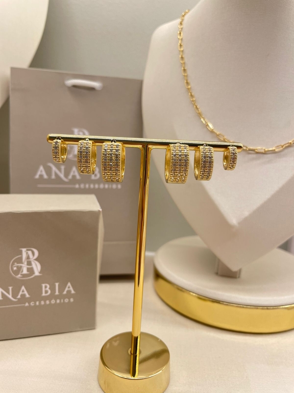 Trio de argola cravejado de zirconia cristal banho em ouro 18k