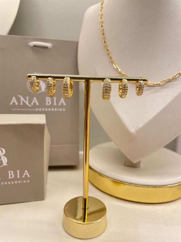 Trio de argola cravejado de zirconia cristal banho em ouro 18k