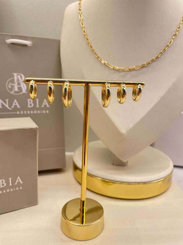 Trio de argola dourado liso banho em ouro 18k