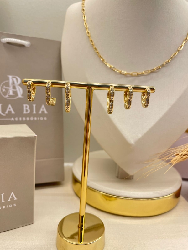 Trio de Argolas Coração com Zircônias Banho Em Ouro 18K