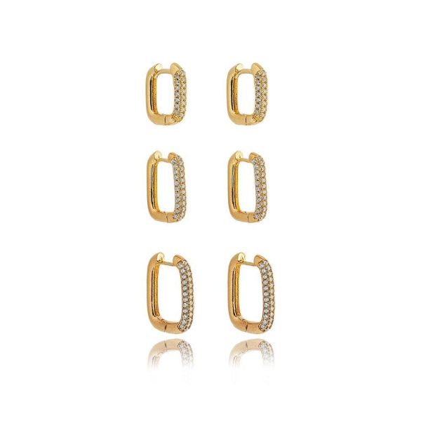 Trio de argola cravejado de zirconia cristal banho em ouro 18k