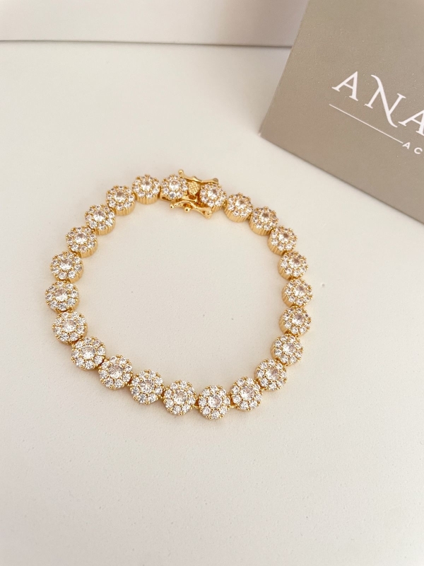 Pulseira cravejada com zirconia cristal banho em ouro 18k