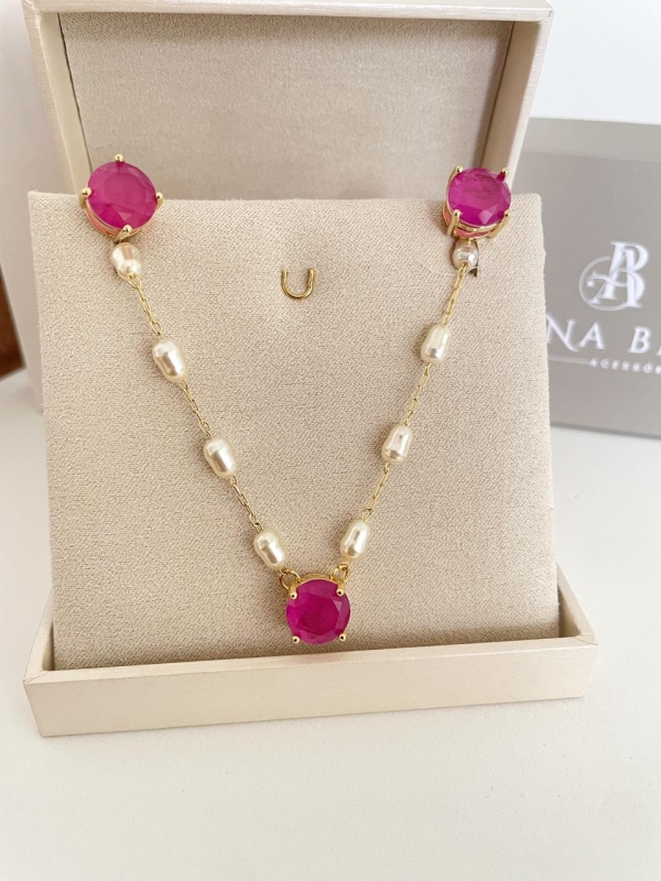 Conjunto de brinco e colar de perola com zirconia cristal banho em ouro 18k