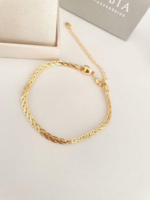 Pulseira de corrente trançada dourado liso banho em ouro 18k - Image 2