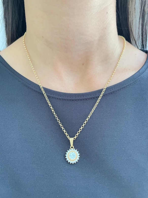 Colar elo português 2mm com pingente cravejado de zirconia cristal banho em ouro 18k